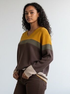 Park Avenue, Women’s Merino Wool V-Neck Sweater in Mustard, Olive & Charcoal